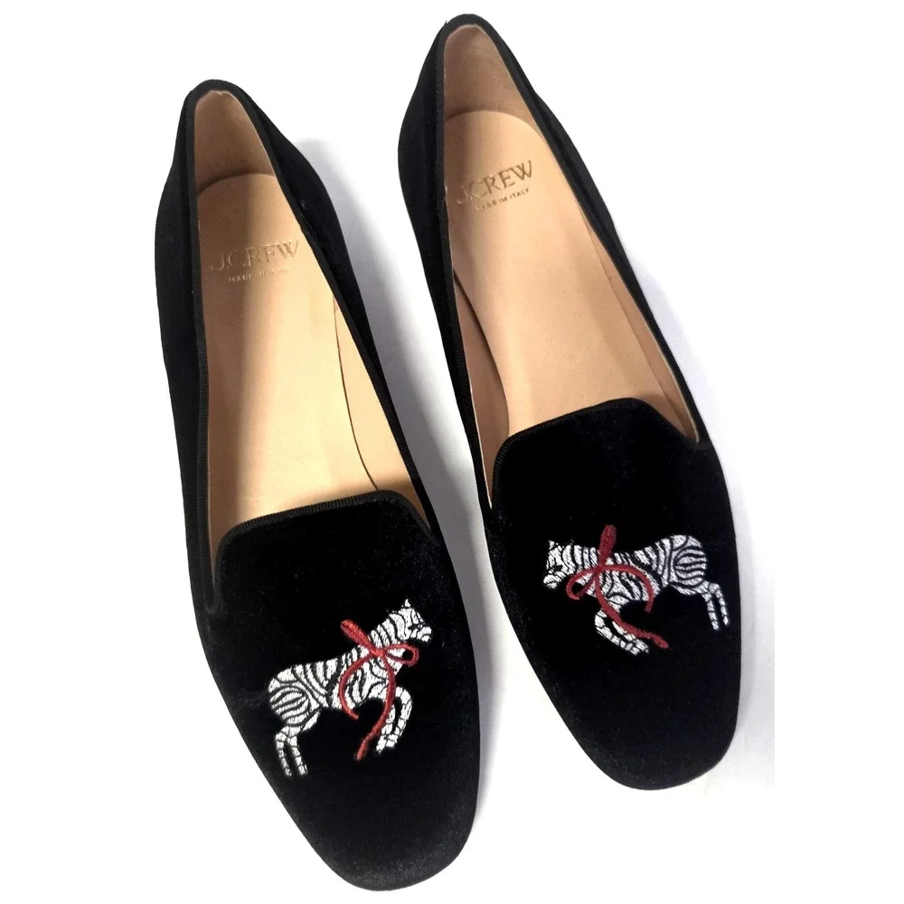 J. Crew Smoking Loafers 9 Zebra Embroidered Red Bow Black Velvet Made Italy NWOB